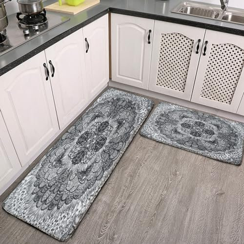 ducanll Indian Style Kitchen Rugs 2 Piece Set, Floor Mat Cushioned Anti-Fatigue,Standing and Comfort Desk/Kitchen Mat, Sink, Laundry- Mandala Bathroom Rugs
