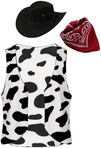 Mufeng Herren Cowboy Kostüm Wilder Westen mit Cowboyhut + Bandana Zubehör Kostüm Karneval Cosplay Halloween Verkleidung A Schwarz 4XL