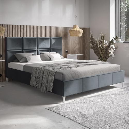 MOTIVENA Aria Polsterbett 180x200 mit Füßen, Bett 180x200 mit lattenrost, Polsterbett 180x200 ohne Bettkasten, Polsterbett 180x200 Samt, mit Kopfteil, ohne Matratze, Grau (Anthrazit)