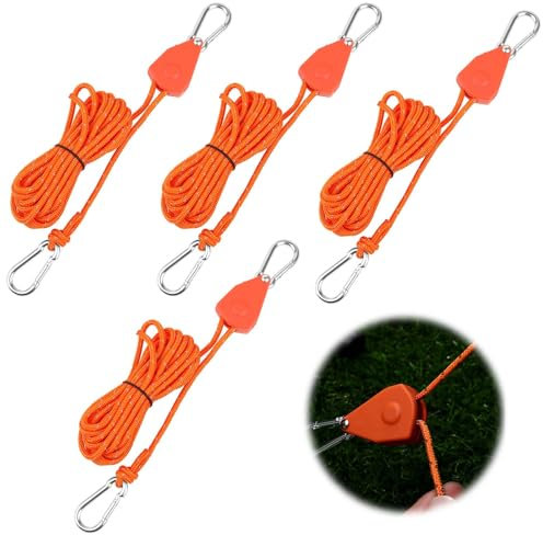 4 Stück 4mm Reflektierend Abspannseile Seil, 4M Leichte Abspannleine Zeltschnur mit Seilspanner, Rope Seilratsche mit Haken, Einstellbare Seil Ratsche, Camping Schnur für Zelt Zeltplane Camping