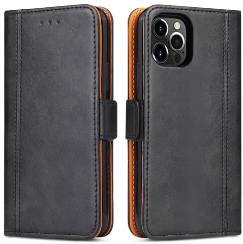 ROJIOJIO Handyhülle für iPhone 12, iPhone 12 Pro Leder Handytasche Kartenfach Klappständer Magnetisch Lederhülle für iPhone 12/ iPhone 12 Pro Hülle, Schwarz