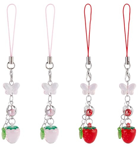 DELORIGIN 4 Stück Süßer Erdbeer Schmetterling Handyanhänger Handy Lanyard Schnur Obst Handyanhänger Für Handy Handtasche Tasche Schlüsselbund Kamera Anhänger Dekor