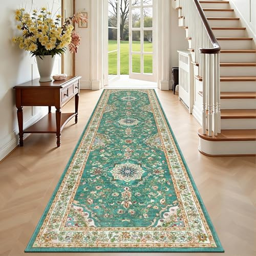 Enyhom Teppich Läufer 80 x 300cm rutschfest Washchbar Küchenteppich Modern Weich Kurzflor Teppich Flur Hochwertig Luxuriös Boho Läufer Flur für Küche Korridor Schlafzimmer, Grün