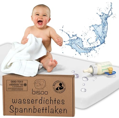 Bisoo Spannbettlaken Laufstall 100x100 cm. Wasserdicht & Atmungsaktiv. Jersey-Bettlaken aus Baumwolle ersetzt den Matratzenschoner. Bordüren großzügig für einfaches Anpassen (Weiß)