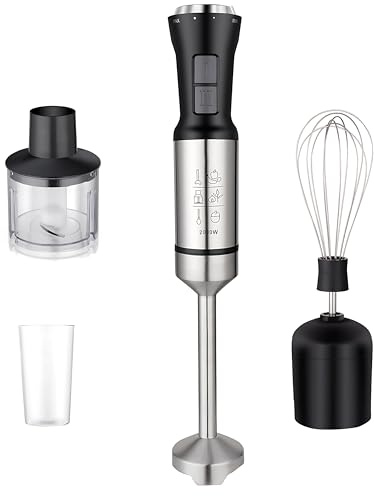 Batidora de Mano de 2000 W, batidora de Mano 4 en 1, 4 Cuchillas curvadas de Acero Inoxidable, Perilla de Control Grande con 2 velocidades y batidor de Huevos, Vaso Mezclador de 700 ml