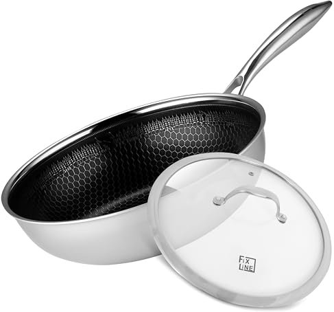 FIXLINE® Lot de 2 poêles wok 28 cm – Black Forest Design avec revêtement anti-rayures et couvercle en verre de qualité supérieure – Pour induction et tous types de plaques de cuisson – Passe au four