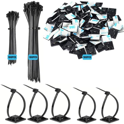 200Pcs Cable Ties Black 120/150mm with 100Pcs Strong Back-Glue Self Adhesive Zip Tie Adhesive Mounts Self Adhesive Cable Base Holders for Cable Management for Home Office Workshop