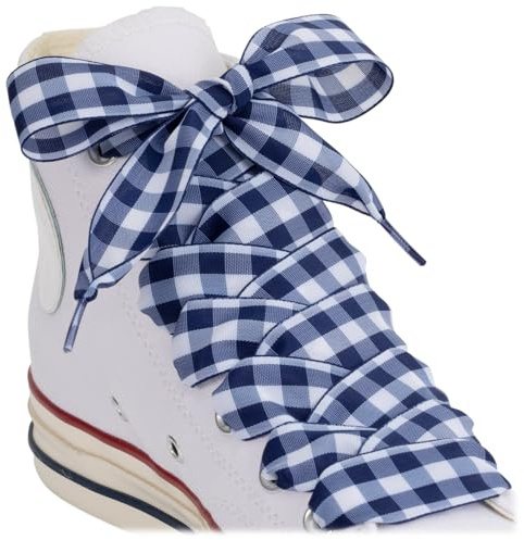 Puzeam 2 Pares Planos Satín Cinta Cordones de Zapatos 25mm Ancho Cordones a cuadros para Zapatillas,botas,Bailarinas Pumps（L-Azul Marino Blanco, 120）