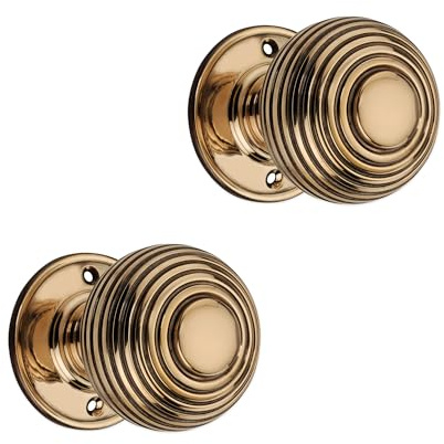 Infinity Decor Pair of Solid Brass Beehive Mortice Door Knobs in Aged Brass Finish 60mm - Round Pull Handles Set Ideal for Internal and External Doors