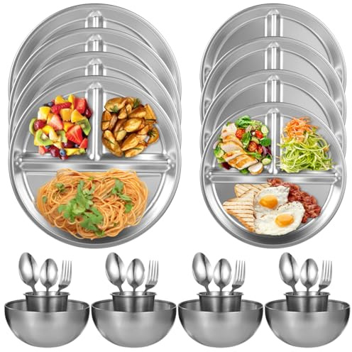 Kit di stoviglie da campeggio in acciaio inox, 28 pezzi, con piatti, ciotole, tazze, forchette, cucchiai, stoviglie lucidate per escursioni, escursioni, picnic