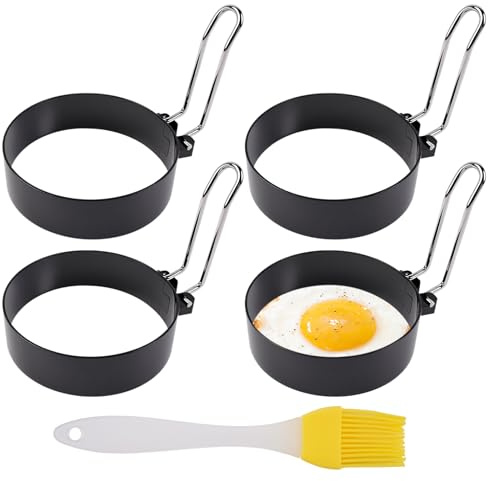 4 Pièces Anneaux D'oeuf Antiadhésifs, avec Brosse en Silicone, Anneaux à œufs en Acier Inoxydable, avec Poignées Pliantes, Moule Pancake pour la Cuisson œuf au Plat Pancakes Omelettes Muffins et Plus