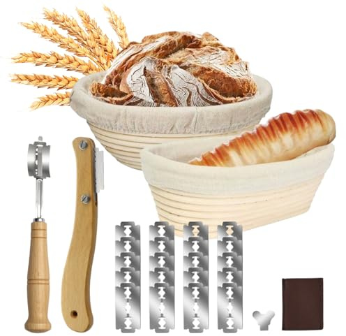 Brödkorg för brödbakning, 2 stycken bagarknivar, 2 stycken jäskorgar, 23 cm runda och 25 cm oval brödkorg, brödbakning tillbehör inklusive läderskydd, 20 stycken blad av rostfritt stål och