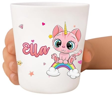 Tendance Cadeau Gobelet enfant personnalisé – Incassable et sans BPA – Prénom + illustration – Résistant aux chocs – Crèche, école, maison – 236 ml (Chaton rose)