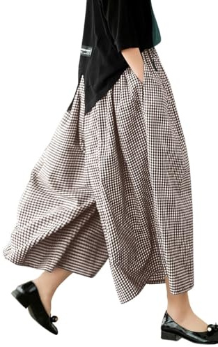 chouyatou Pantalon en coton et lin pour femme - Taille élastique - Motif vichy - Jambe large - Capri Palazzo