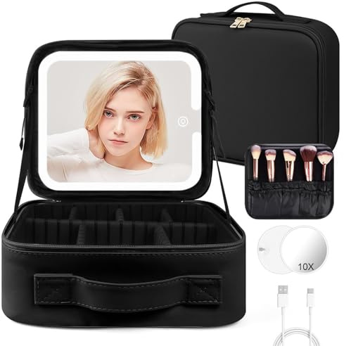 OSDUE Reise Kosmetiktasche mit Beleuchtetem Spiegel, Damen Make up Tasche Schminkkoffer mit Verstellbaren Teiler Tragbare Schminktasche -3 Farben LED Licht Dimmbaren Kosmetik Organizer, Schwarz