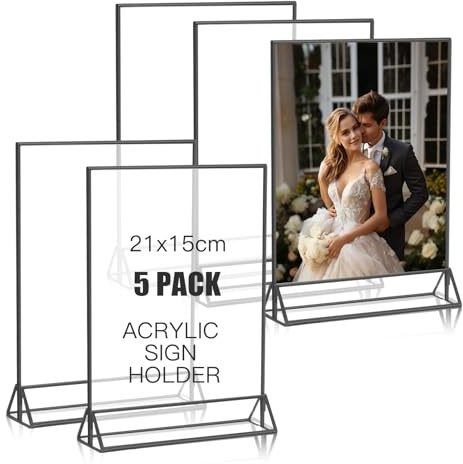 Bocguy 5 Pack Acryl Aufsteller Schwarz, Klare Vertikale Doppelseitige Stand, A5 Tishkartenhalter Tischnummern-Aufsteller für Hochzeit, Party, Restaurant Dekor