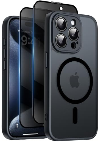 Qasyfanc für iPhone 15 Pro Max Hülle Sichtschutz Schutzfolie, Schwarz | Magnetisch Handyhülle Matt Hard PC Kratzfest Stoßfest Transluzente Schutzhülle