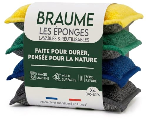 Braume - Lot de 4 Éponges Lavables Réutilisables - Ne Rayent Pas - Ultra Efficaces - Séchage Rapide - Alternative Durable aux Éponges Classiques