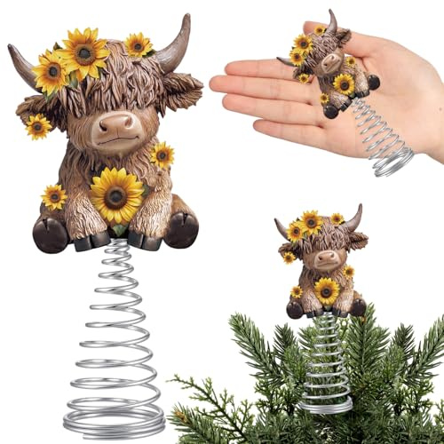 Gejoy Sunflower Highland Cow Miniature Tree Topper, 5.1 Inches Mini Resin Cow Treetop Decorations & Metal Spring Base, Cute Calf Lover Gifts for Farmhouse Kitchen Holiday Tiered Tray Desk Decor