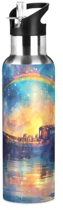 Qilmy Rainbow Sailboat Sport Water Bottle with Straw Lid Vacuum Insulated Stainless Steel Thermo Flask Abstact Bird Floral Water Bottle 20 oz