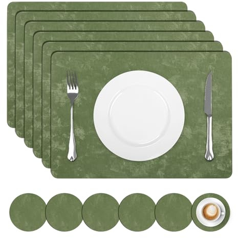 comfoyar Tischsets und Untersetzer Kunstleder 6er Set, Platzsets rutschfeste Abwaschbar Doppelseitigen Samtähnliche, Platzdeckchen Wasserdicht für Küche Esszimmer Party Dekoration(Grün 30x43cm)