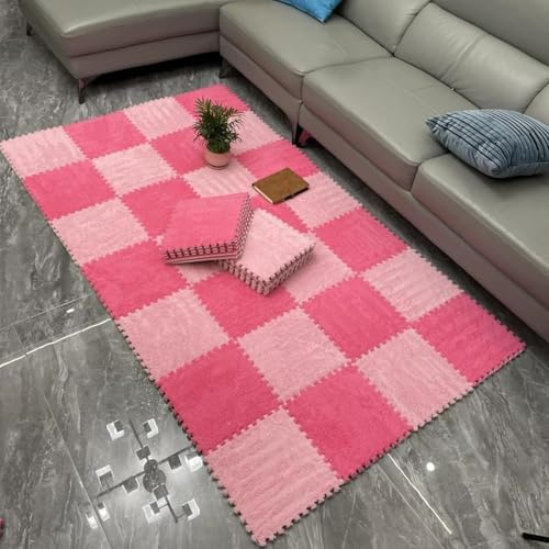 WOTZOV 10 Stück Flauschige Schaumstoff-Fußmatten, Ineinandergreifende Teppichfliesen, DIY-Zuschneidbare Quadratische Puzzle-Fußmatten，Rosenrot + Rosa