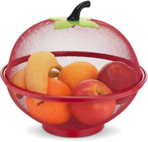 Wilafury Frutero con Tapa, Cesta de Frutas de Malla metálica en Forma de Manzana, Cuenco de Almacenamiento ventilado para Frutas y Verduras, 28 cm, Rojo