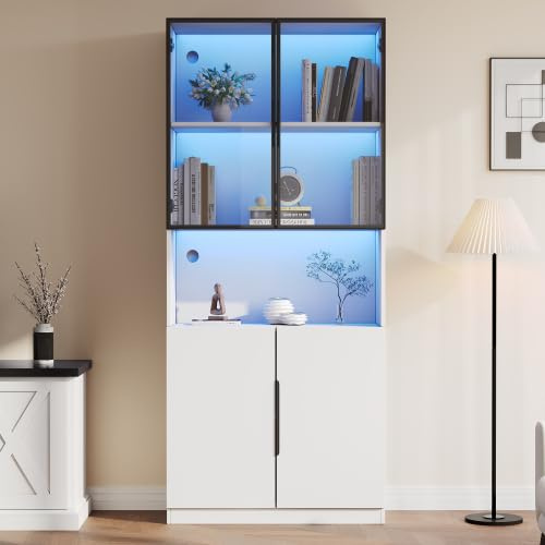 Merax LED Glasvitrine 200 cm Hoch – Moderne Standvitrine mit Glastüren & Aluminiumrahmen, Vitrinenschrank mit verstellbaren Regalen, Multifunktionsschrank für Wohnzimmer, Weiß 80×30×200 cm