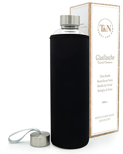 T&N Glasflasche 1 Liter / 750ml / 500ml – Trinkflasche Glas 1l mit Neoprenhülle – Wasserflasche Auslaufsicher – Glastrinkflasche aus dickerem Borosilikat-Glas für Kohlensäure geeignet