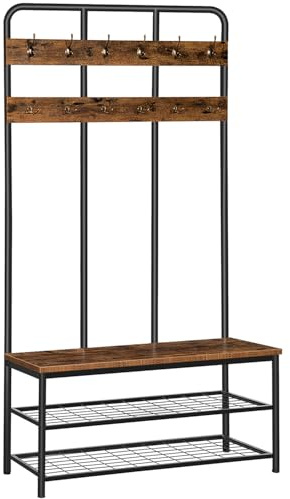 HOOBRO Coat Stand, 182 cm Coat Rack with Shoe Bench, Hall Tree with 12 Hooks, Shoe and Coat Rack for Living Room Entryway Hallway, Industrial Style, Rustic Brown EBF05MT01