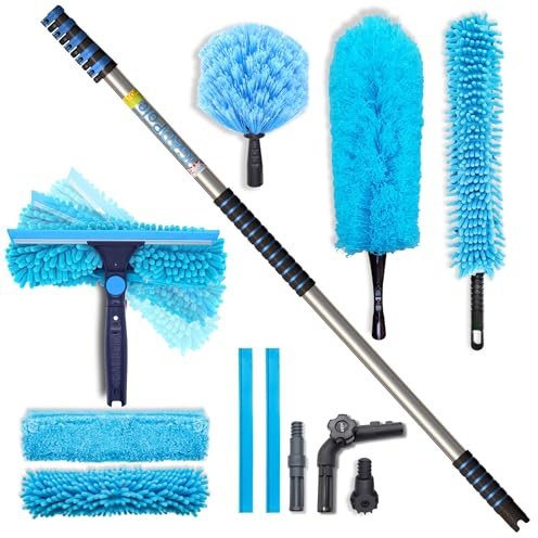 20ft IGADPole All-in-One Window Washing & Dusting Kit – Pivot Squeegee with 2 Washable Cloths, Cobweb Duster, Microfiber Feather Duster & Ceiling Fan Duster