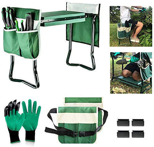 Garten-Kniebank und Sitzhocker, robuste Gartenbank mit großen, abnehmbaren Werkzeugtaschen-Handschuhen und weichem EVA-Kniepolster für Gartenliebhaber