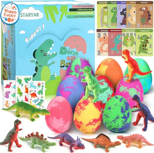 Bath Bombs for Kids with Surprise Toys Inside - 9 Pack Dinosaur Bath Bombs Gifts Set, Stocking Stuffers for Kids Boys 3 4 5 6 7 8 9 Year Old, Dinosaur Toys Christmas Gift, Bubble Bath Fizzes Bath Toy
