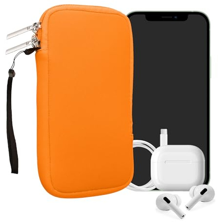 kwmobile Telefonväska i neopren, storlek XL – 6,7/6,8 tum – universell mobiltelefonväska med dragkedja, handledsrem – neonorange