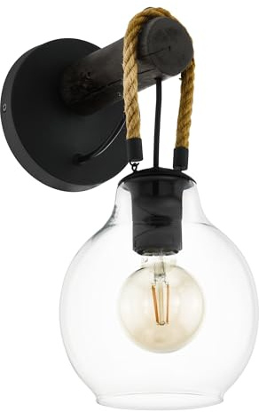 EGLO Wandlampe Roding, 1 flammige Wandleuchte vintage, Wandbeleuchtung für Innen aus Glas in Klar, Metall in Schwarz, Holz und Naturseil, Wohnzimmerlampe, Schlafzimmerlampe mit E27 Fassung
