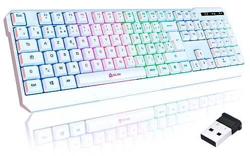 KLIM Chroma Kabellose Gamer-Tastatur AZERTY - Neuheit - Dünn, Langlebig, Ergonomisch, Diskret, Wasserdicht, Leise - Gamer Tastatur mit Hintergrundbeleuchtung für PC Mac - PS4 PS5 Tastatur - Weiß