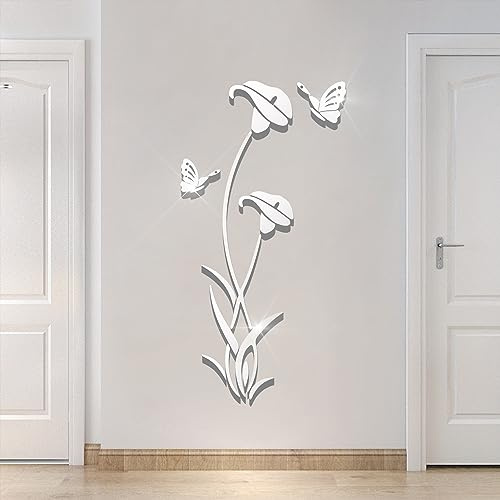 3D Specchio Adesivi Murali,DIY Adesivo da Parete Fiore Acrilico Forma di Fiore Riflettente Adesivi Carta da Pareti Arte Decorativo per Camera da Letto Soggiorno Divano(Argento,59 x 31 in)