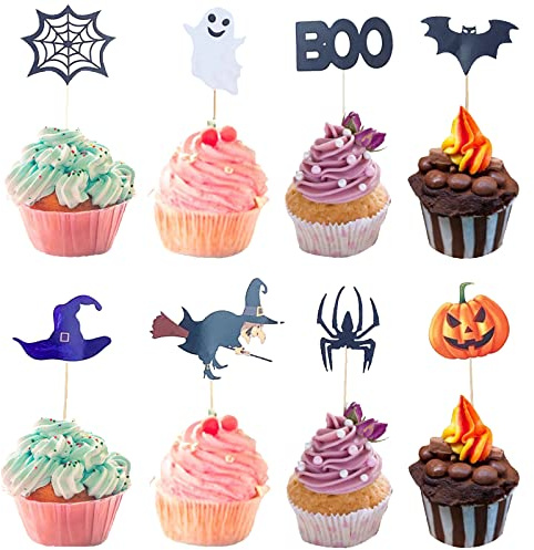 Halloween Cupcake Topper 48 Stück - Tortendeko Mit Kürbis, Fledermaus, Geist, Spinne - Deko Für Kuchen Und Cupcake Dekorationen