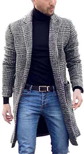 Pardessus 3/4 Long en Laine à Carreaux Gris pour Hommes Manteau Long en Tartan à Carreaux pour Hommes Veste d'hiver à Revers élégant