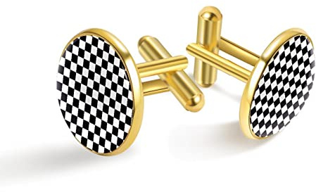 Personalisierte Gold Manschettenknöpfe für Smoking Hemd Schwarz Weiß Quadrat Schachbrett, 20mm*20mm, Edelstahl, Künstlicher Quarz