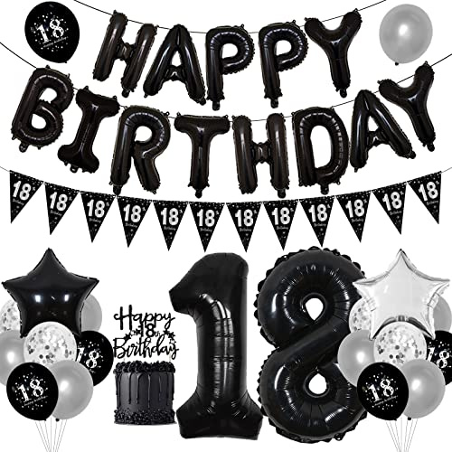 18 Geburtstag Dekorationen Schwarz und Silber, Happy Birthday Luftballons, Schwarze Wimpelkette Flaggen, 18 Geburtstag Kuchen Topper, Silber Konfetti Luftballons, 18 Geburtstag Party Supplies
