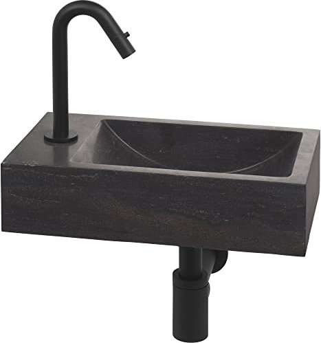 Saqu Nature Collection Waschbecken Set mit matt schwarzer Armatur Links aus Naturstein - Waschbecken für Unterschrank, Waschtisch für Gäste WC