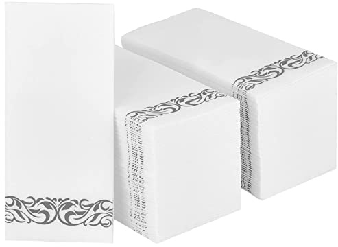 MORGIANA 100 Servilletas Clásicas de Tacto de Lino, Servilletas de Papel Plateado y Blanco, Toallas de Mano Diarticuladas Como Tela para Invitados para Fiestas y Bodas