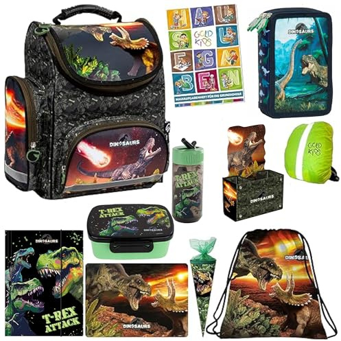 Goldkids Set XXL 11er Schulranzen Ranzen Tornister Federmappe Turnbeutel Gummizugmappe Schürze Brotdose Trinkflasche Aufgabenheft Zuckertüte Regenschutz Dinosaurier Dino Motiv