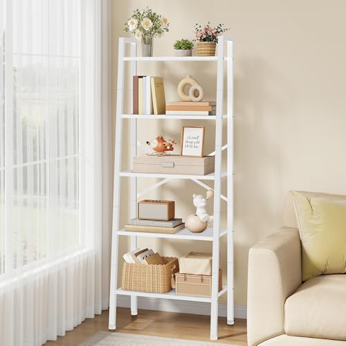 Hoctieon 5-stöckiges Industrieleiter Bücherregal, schmales Leiterregal, Regal 40 cm breit, wandregal schmales offenes Leiterregal für Wohnzimmer, Home Office, Küche, Schlafzimmer White