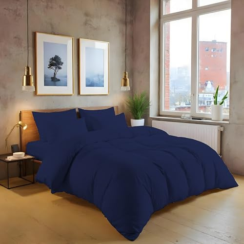 MistyMorning Set copripiumino tinta unita, biancheria da letto e lino di qualità morbida e premium, cotone egiziano con 200 fili. (Blu navy, super king)
