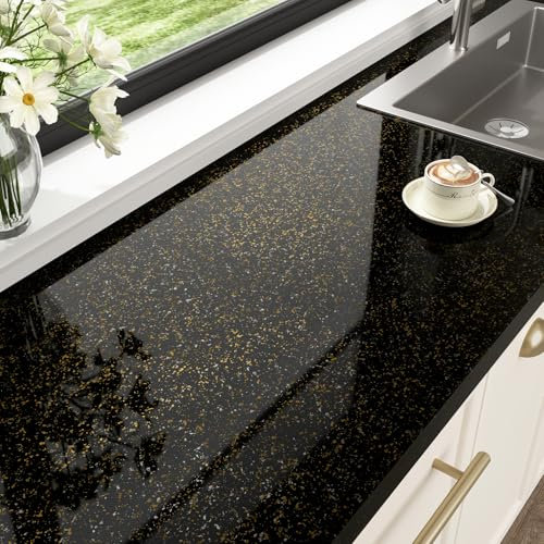 HotDecor Papel Tapiz Autoadhesivo Negro y Dorado Marmol Para Encimera de Cocina Lavable Vinilo Papel Adhesivo para Muebles Cocina Mesa 60cm x 300cm