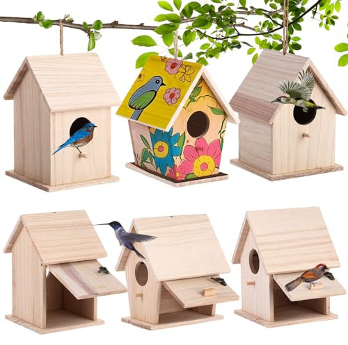 Barydat Vogelhäuser zum Aufhängen, aus Holz, für den Außenbereich, Garten, Terrasse, dekorativ für Schwalbe, Spatz, Kolibri, Finken, Throst, Vogelhaus-Kits, Kunst- und Bastelprojekte, 3 Größen, 6
