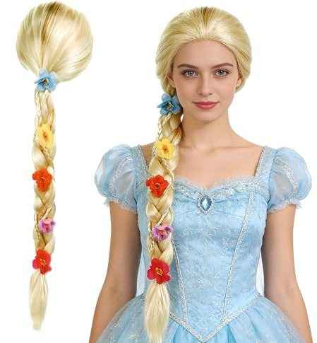 PLLYPE Prinzessin Perücke Zopf, 85CM Perücke Rapunzel Kinder mit Blume, Kinderperücke Blond für Mädchen, Rapunzel Kostüm Perücke für Märchen, Karneval, Mottoparty Kindergeburtstagsparty (Gold)