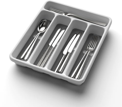 WEBACOO - Organizador de cubiertos para cajón, organizador de cajones de utensilios de 5 ranuras, soporte para cubiertos y bandeja de cuchillos, organizador grande de cajones de cocina de plástico